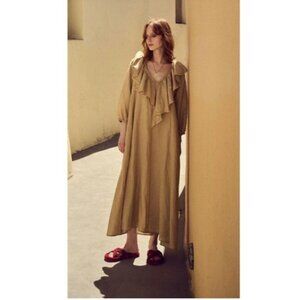 Devotion Twins Tan Linen Frill Midi Dress Women's Size Small